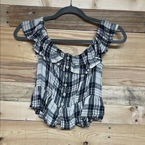 American Eagle XS Black & White Graham Plaid Ruffle off the Shoulders Blouse